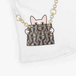 AIGNER-Girls White Cotton T-Shirt with Cat & Handbag Print | Childrensalon Outlet