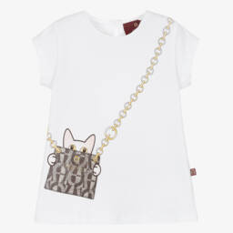 AIGNER-Girls White Cotton T-Shirt with Cat & Handbag Print | Childrensalon Outlet