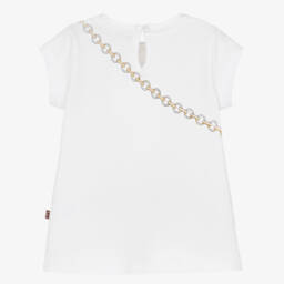 AIGNER-Girls White Cotton T-Shirt with Cat & Handbag Print | Childrensalon Outlet