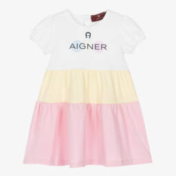 AIGNER-Girls White & Pink Cotton Colourblock Dress | Childrensalon Outlet