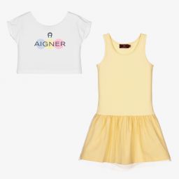 اقنر-طقم فستان قطن جيرسي لون أصفر وأبيض | Childrensalon Outlet