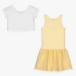 اقنر-طقم فستان قطن جيرسي لون أصفر وأبيض | Childrensalon Outlet