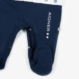 AIGNER-Ivory & Navy Blue Logo Patterned Babygrow | Childrensalon Outlet