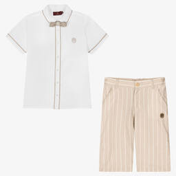 AIGNER-Teen Boys Beige Striped Shorts Set | Childrensalon Outlet