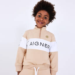 AIGNER-سويتشيرت تينز ولادي قطن جيرسي لون بيج وأبيض | Childrensalon Outlet