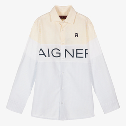 AIGNER-قميص تينز ولادي قطن أكسفورد مقلم لون أزرق وأصفر باهت | Childrensalon Outlet