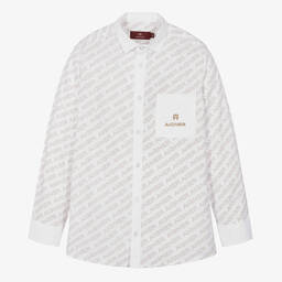 AIGNER-قميص تينز ولادي قطن بوبلين لون أبيض وبيج | Childrensalon Outlet