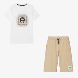 AIGNER-Teen Boys White & Beige Cotton Shorts Set | Childrensalon Outlet
