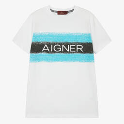AIGNER-تيشيرت تينز ولادي قطن مقلم لون أبيض | Childrensalon Outlet