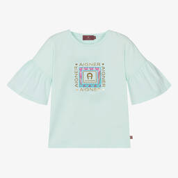 AIGNER-Teen Girls Blue Cotton Frill Sleeve T-Shirt | Childrensalon Outlet