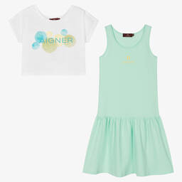 AIGNER-Teen Girls White & Green Cotton Dress Set | Childrensalon Outlet