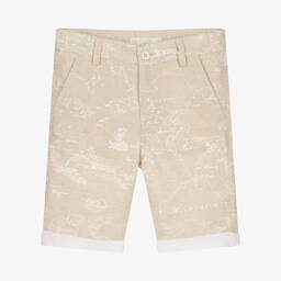 Alviero Martini-Boys Beige Linen Geo Map Print Shorts  | Childrensalon Outlet