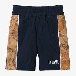 Alviero Martini-Boys Blue & Beige Cotton Geo Map Shorts | Childrensalon Outlet
