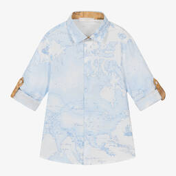 Alviero Martini-Boys Blue & White Cotton Geo Map Shirt | Childrensalon Outlet