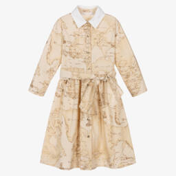 Alviero Martini-Girls Beige Cotton Map Print Dress | Childrensalon Outlet
