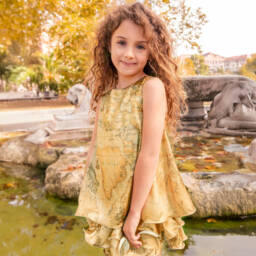 Alviero Martini-Платье из бежевого атласа с картой для девочек | Childrensalon Outlet