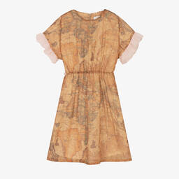 Alviero Martini-Girls Dark Beige Geo Map & Pink Belt Dress | Childrensalon Outlet