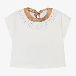 Alviero Martini-Girls Ivory Embellished Geo Map Cotton T-Shirt | Childrensalon Outlet