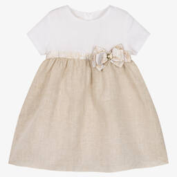 Alviero Martini-Girls White & Beige Geo Map Linen Dress | Childrensalon Outlet