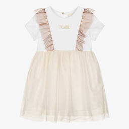 Alviero Martini-Girls White Jersey & Gold Tulle Dress | Childrensalon Outlet