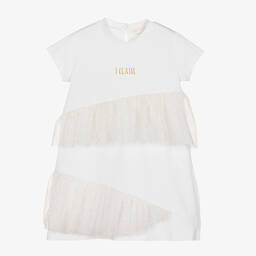 Alviero Martini-Girls White Jersey & Tulle Dress | Childrensalon Outlet