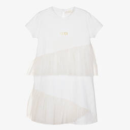 Alviero Martini-Girls White Jersey & Tulle Dress | Childrensalon Outlet