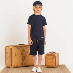 Alviero Martini-Синие хлопковые шорты с принтом Geo Map | Childrensalon Outlet