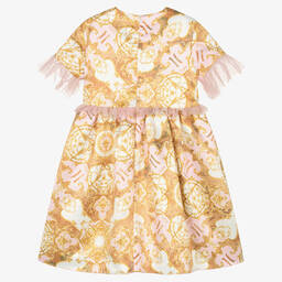 Alviero Martini-Розово-золотистое атласное платье с принтом Geo Map | Childrensalon Outlet