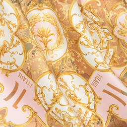 Alviero Martini-Розово-золотистое атласное платье с принтом Geo Map | Childrensalon Outlet