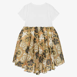 Alviero Martini-فستان تينز بناتي قطن وشيفون لون أبيض وذهبي | Childrensalon Outlet