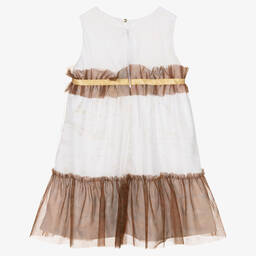 الفيرو مارتيني-فستان تينز بناتي مزين بتول لون أبيض وذهبي | Childrensalon Outlet