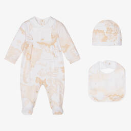 Alviero Martini-White & Light Beige Geo Map Babygrow Set | Childrensalon Outlet