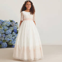 Amaya-Girls Lace Ivory & Pink Gown | Childrensalon Outlet