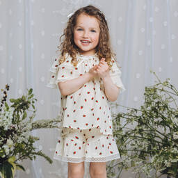 AMIKI Children-Girls Ivory Silk Strawberry Print Pyjamas | Childrensalon Outlet