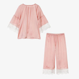 اميكي تشلدرن-بيجاما حرير ساتان ودانتيل لون زهري للبنات | Childrensalon Outlet