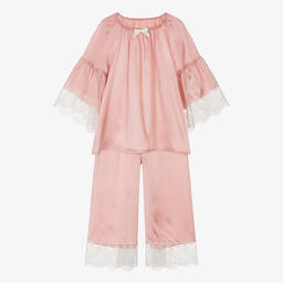 اميكي تشلدرن-بيجاما حرير ساتان ودانتيل لون زهري للبنات | Childrensalon Outlet