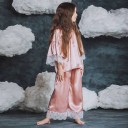 اميكي تشلدرن-بيجاما حرير ساتان ودانتيل لون زهري للبنات | Childrensalon Outlet