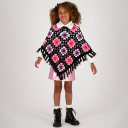 Angel's Face-Черно-розовое вязаное крючком пончо | Childrensalon Outlet