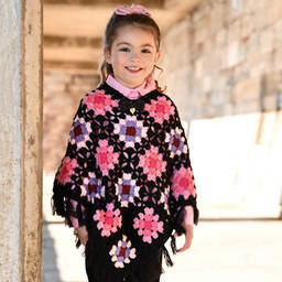 Angel's Face-Черно-розовое вязаное крючком пончо | Childrensalon Outlet