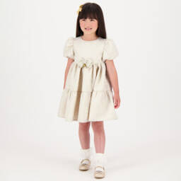 انجلز فيس-فستان بفيونكة جاكار لون ذهبي وعاجي | Childrensalon Outlet