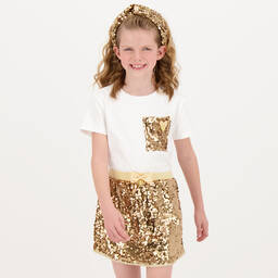 Angel's Face-Кремовая хлопковая футболка с пайетками для девочек | Childrensalon Outlet