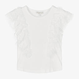 انجلز فيس-تيشيرت قطن جيرسي مزين بتول ودانتيل لون أبيض | Childrensalon Outlet