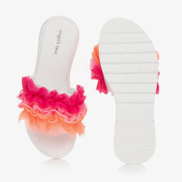 انجلز فيس-شبشب سلايدر جلد صناعي لون أبيض وزهري فيوشيا | Childrensalon Outlet