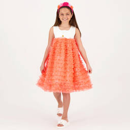 Angel's Face-Teen Girls White & Neon Orange Tulle Dress | Childrensalon Outlet