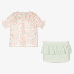 Artesanía Granlei-طقم شورت قطن لون أخضر نعناعي بطبعة ورود للمولودات | Childrensalon Outlet