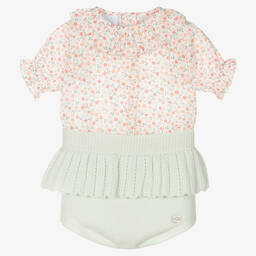 Artesanía Granlei-طقم شورت قطن لون أخضر نعناعي بطبعة ورود للمولودات | Childrensalon Outlet