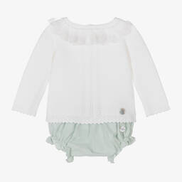 ارتيزانيا  غرانلي-طقم شورت مزيج قطن لون عاجي وأخضر للمولودات | Childrensalon Outlet