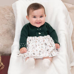 ارتيزانيا  غرانلي-فستان أكريليك محبوك لون أبيض وأخضر للمولودات | Childrensalon Outlet