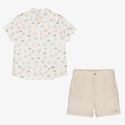 Artesanía Granlei-Boys Beige Cotton & Linen Shorts Set | Childrensalon Outlet