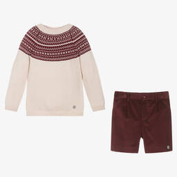 ارتيزانيا  غرانلي-طقم شورت أكريليك محبوك وقطن لون بيج وأحمر للأولاد | Childrensalon Outlet